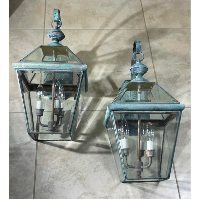Pair of Vintage Solid Brass Lanterns - 10”w X 11” X 20”.5 High For Sale - Image 10 of 12