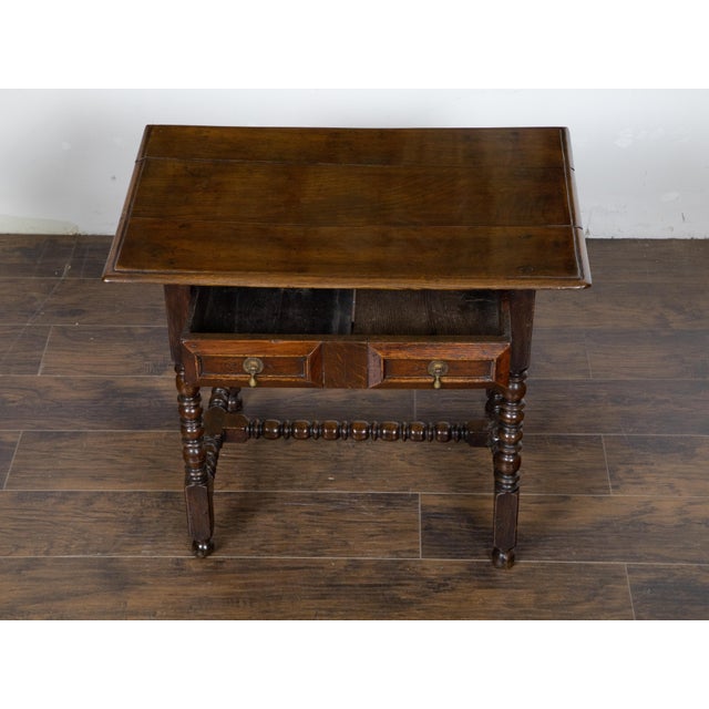 English Oak 19th Century Bobbin Legs Side Table with Geometric Font Drawer For Sale - Image 12 of 12