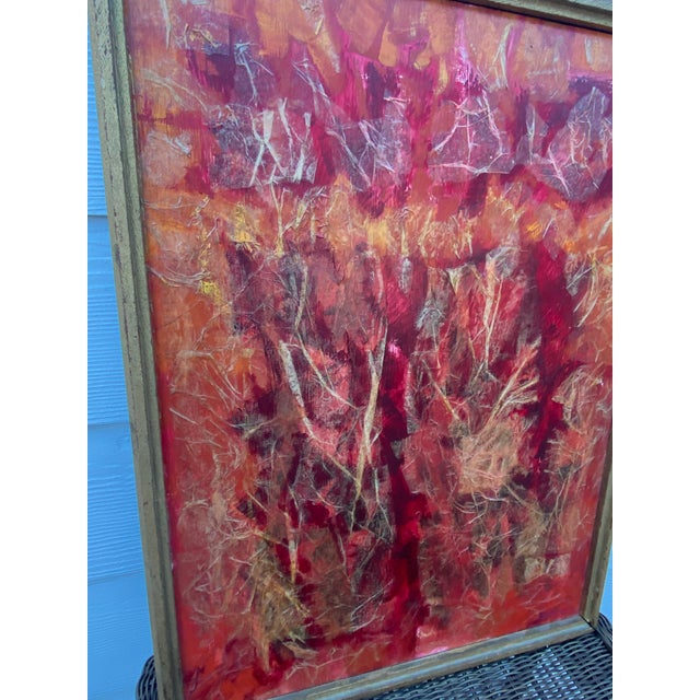 Wood Vintage Mid-Century Modern Textural Red & Orange Abstract Mixed Media Collage Painting by Barnes For Sale - Image 7 of 12