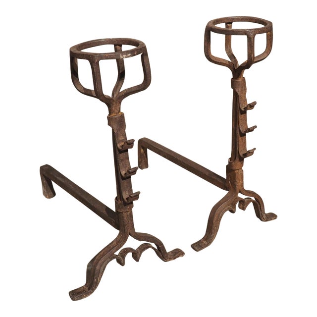 18th Century Wrought Iron Fireplace Chenets From France For Sale