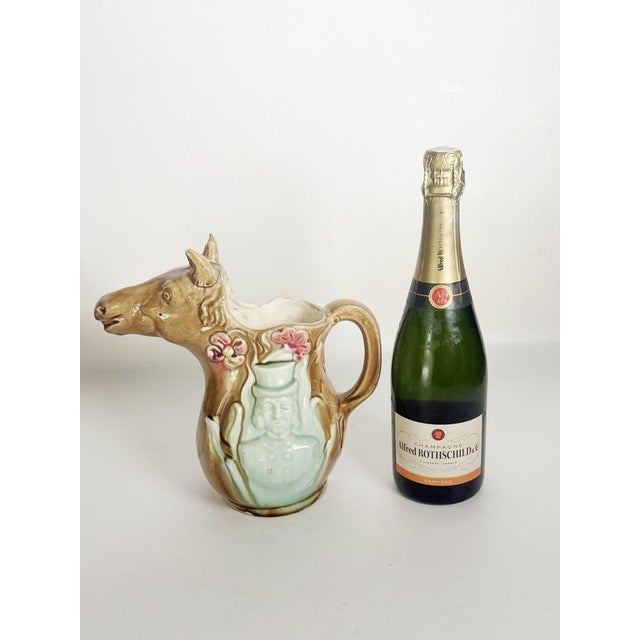 Rustic 20th Century Majolica Pitcher with Horse Decoration, France For Sale - Image 3 of 13