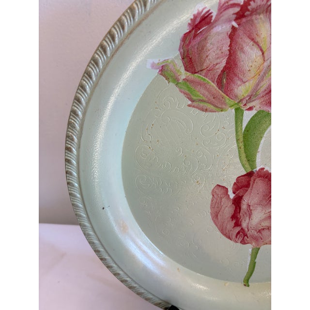 Mid 20th Century Hand Painted Floral Silverplate Tray With Pink Flowers For Sale - Image 10 of 12