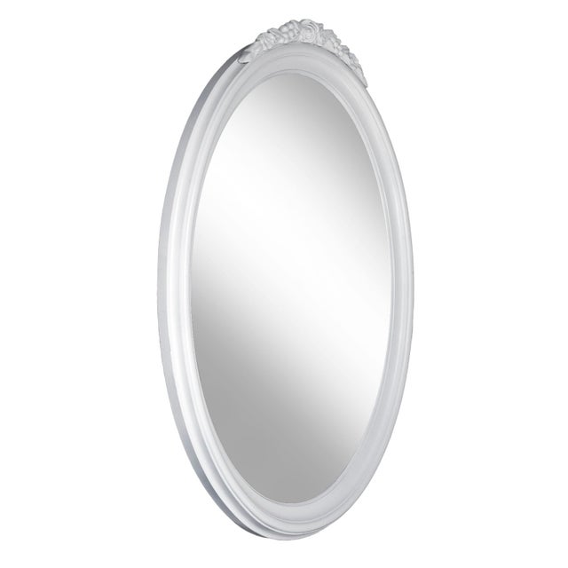 A Vintage Painted White Oval Wall Mirror W/Floral Crown.