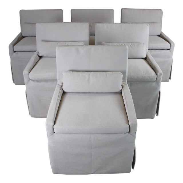 6 Restoration Hardware Modern Low Belgian Track Arm Slipcovered Dining Armchairs For Sale