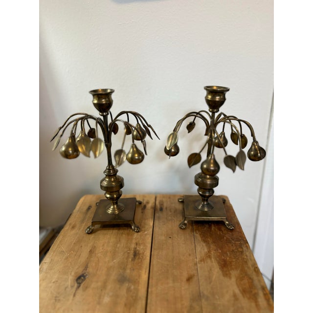 Mid-Century Modern A Pair of 1960s Brass Mottahedeh Pear Tree Candlesticks For Sale - Image 3 of 8