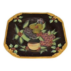 1980s Vintage Raymond Waites Majolica Ceramic Square Centerpiece Serving Plate with Grapes