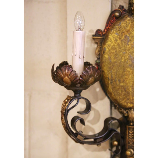 Gold Pair of Mid-Century American Renaissance Revival Iron Two-Light Sconces For Sale - Image 8 of 11