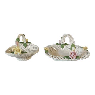 Pair Vintage Mid Century Italian Twisted Spaghetti Lattice Ceramic Baskets With Roses For Sale