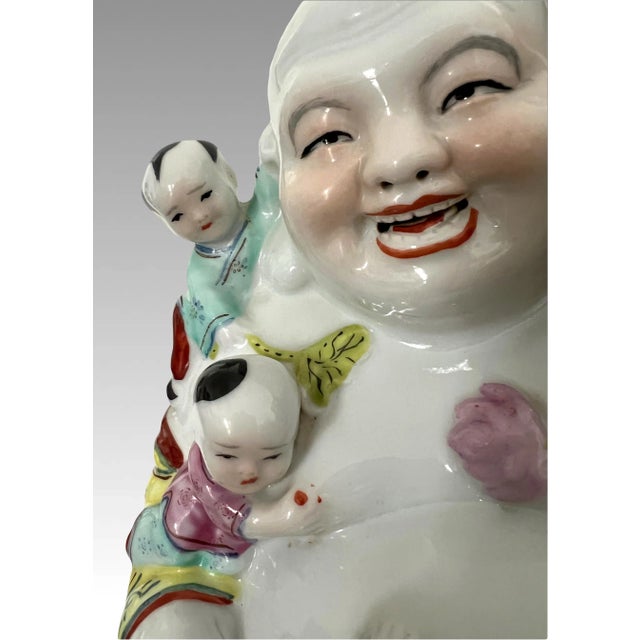 White Vintage Porcelain Famille Jaune Chinese Laughing Buddha With Five Children & Long Life For Sale - Image 8 of 10