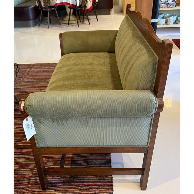 Vintage Wood Reupholstered Settee With Dark Green Corduroy Fabric.