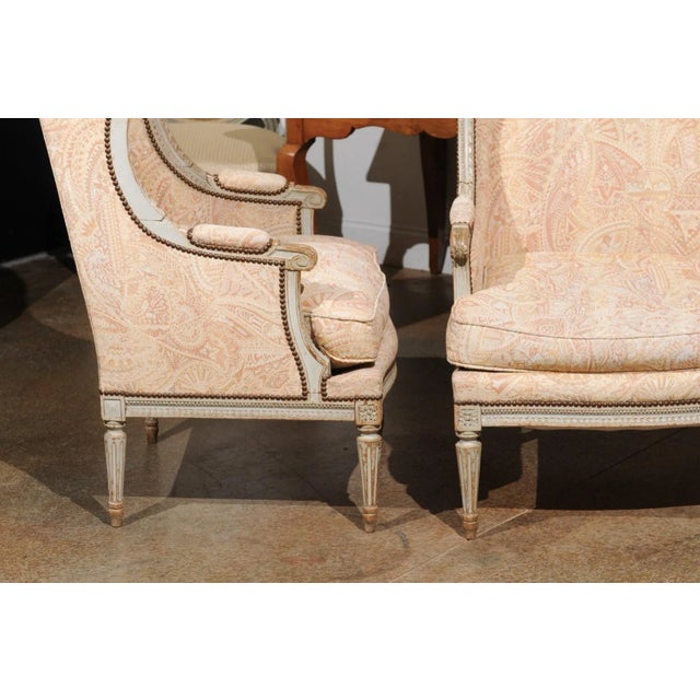 Mid 19th Century French Louis XVI Style Painted and Carved Wooden Bergères à Oreilles - a Pair For Sale - Image 5 of 12