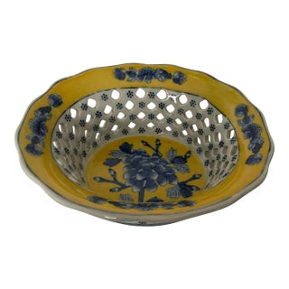 Vintage Blue and Yellow Reticulated Basket Bowl For Sale