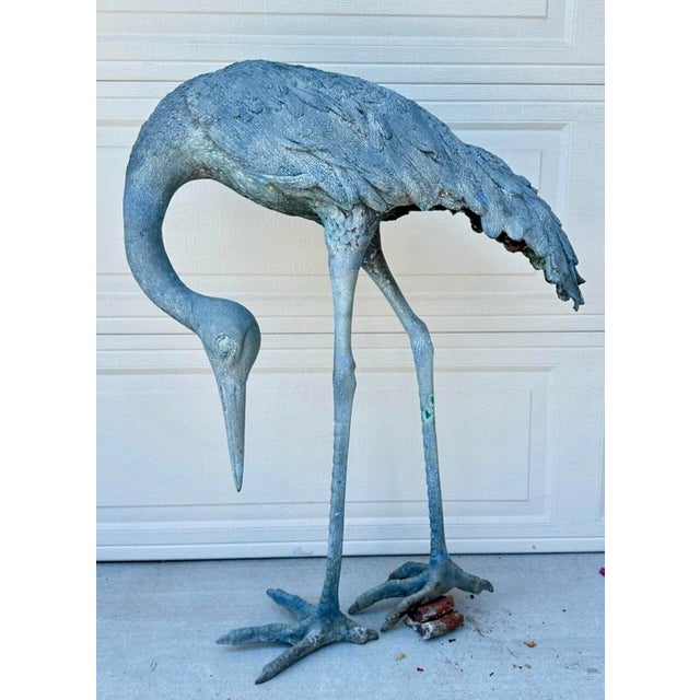 1920s 1920s Monumental Pair of Life-Size Bronze Crane Garden Sculptures With Verdigris... For Sale - Image 5 of 18