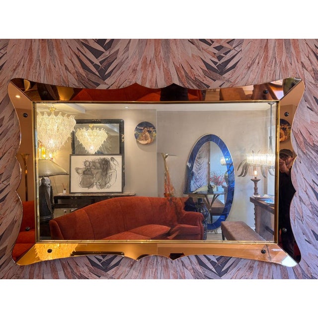 Large Rose Gold Glass Mirror attributed to Cristal Arte, 1950s For Sale - Image 4 of 8