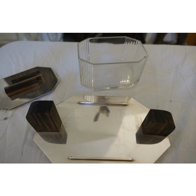 superb art deco biscuit box or sugar bowl in glass, chrome metal and wood, very typical of the period, good quality,...