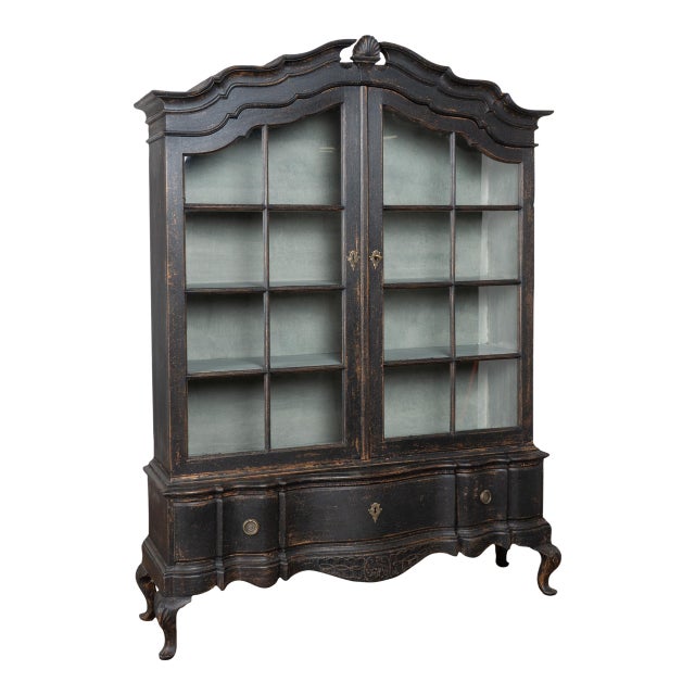 19th Century Danish Black Painted Oak Display Cabinet Vitrine Bookcase For Sale