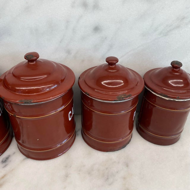 Set of Five French Reddish Brown Enamel Kitchen Canisters With Original Lids For Sale - Image 16 of 18