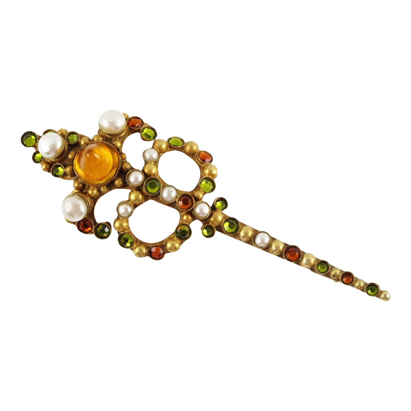 French Henry Perichon Gilt Bronze and Poured Glass Cabochons Pin Brooch