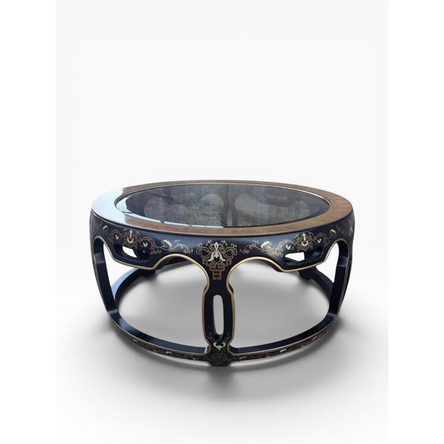Drexel Vintage Drexel Chinoiserie Black Lacquer & Gold Gilt Round Glass Drum Coffee Table For Sale - Image 4 of 13