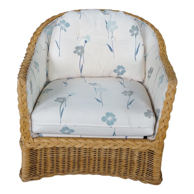 Vintage Bohemian Organic Modern Coastal Braided Wicker Barrel Patio Arm Chair For Sale