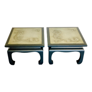 Vintage Ming Side Tables Metal Inlay - A Pair