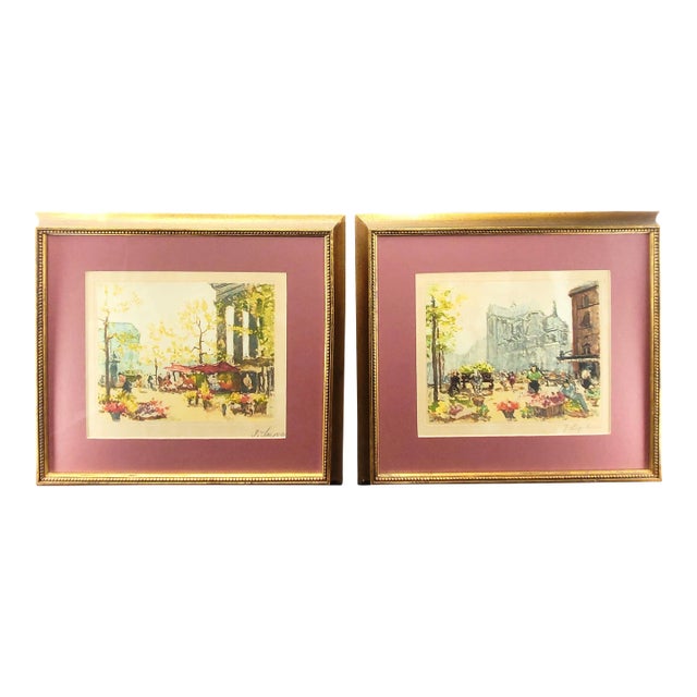 Set of 2 Georges Lapchine Color Etchings Marche Aux Fleurs Paris France For Sale