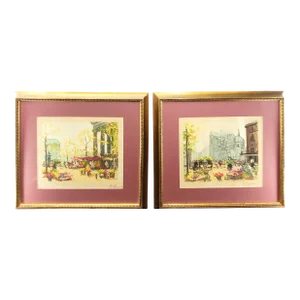 Set of 2 Georges Lapchine Color Etchings Marche Aux Fleurs Paris France