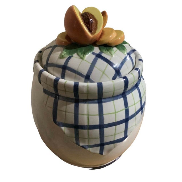 Vintage Bella Casa by Ganz Trompe L’Oeil Blue and White Plaid Peach / Peaches 3d Fruit Cookie Jar Canister For Sale - Image 9 of 11