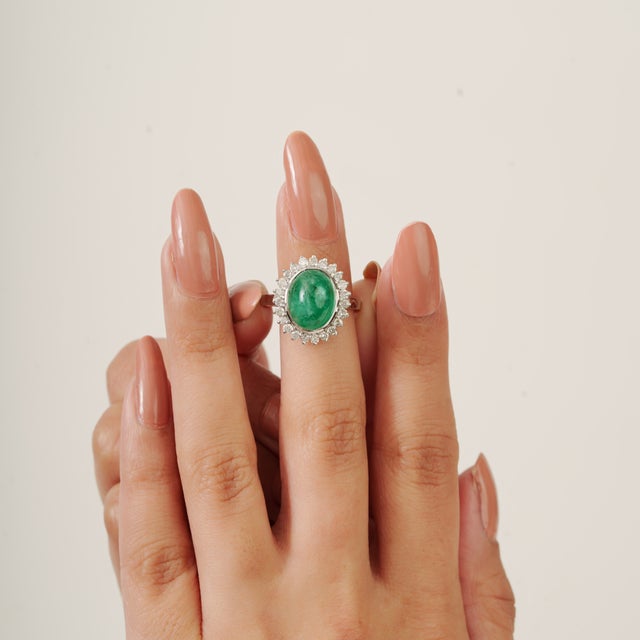 5.2 Carat Emerald & Halo Diamond Bohemian Cocktail Ring in Silver- Size 7 For Sale - Image 6 of 11