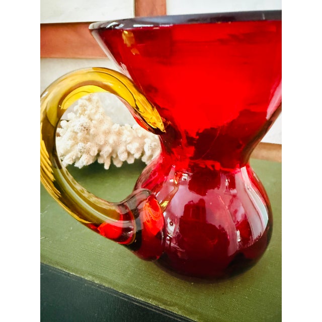 Blenko Vintage Art Glass Pitcher Attributed to Blenko Ruby Red With Amber Handle Mid Century Modern For Sale - Image 4 of 9