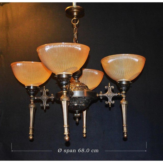 Mid-Century Modern Four-Light Bronze Chandelier with Holophane Prismatic Glass Shades, 1950s For Sale - Image 4 of 18