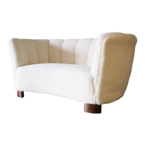 1940s Danish White Sheepswool Banana Sofa After Flemming Lassen