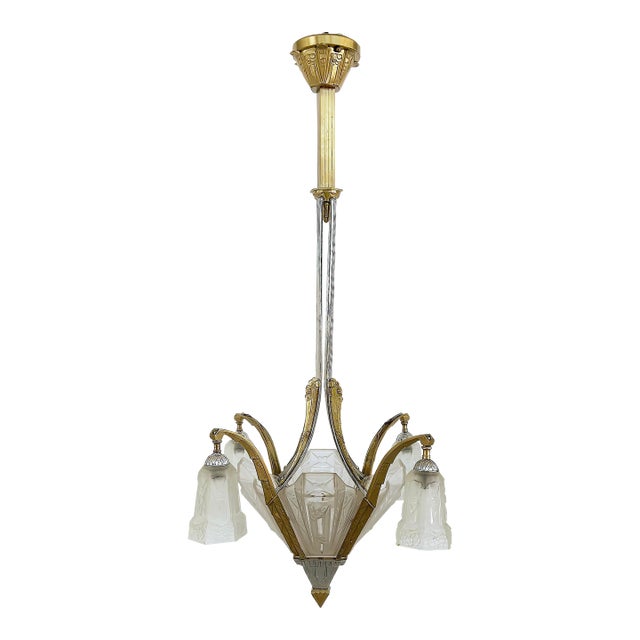 1930s Art Deco Gilt, Silvered Bronze Chandelier, Frosted Glass Shades For Sale