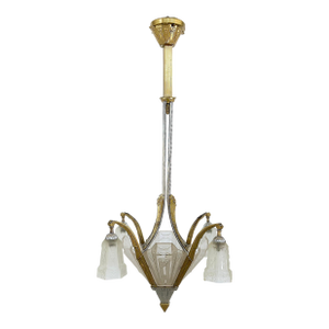 1930s Art Deco Gilt, Silvered Bronze Chandelier, Frosted Glass Shades