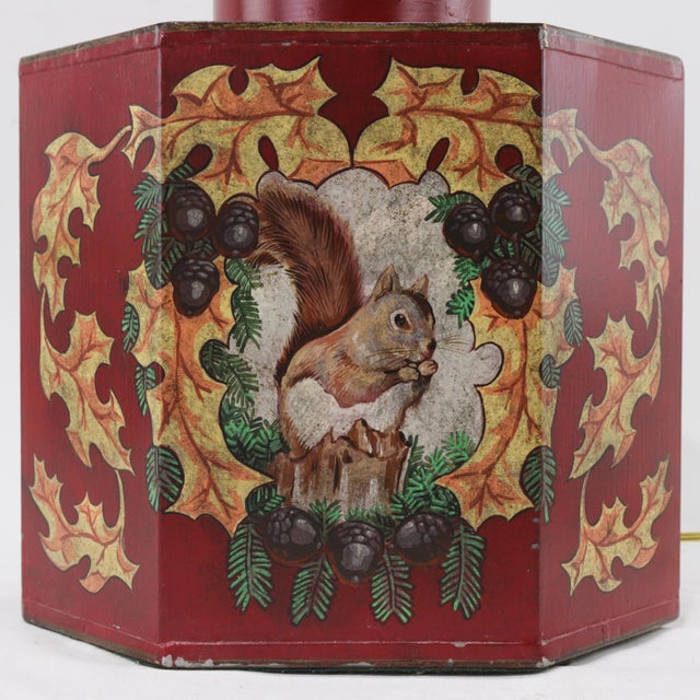 2010s Vintage Colorful Hand-Painted Autumn Squirrel Hexagonal Tea Can Table Lamp For Sale - Image 5 of 11
