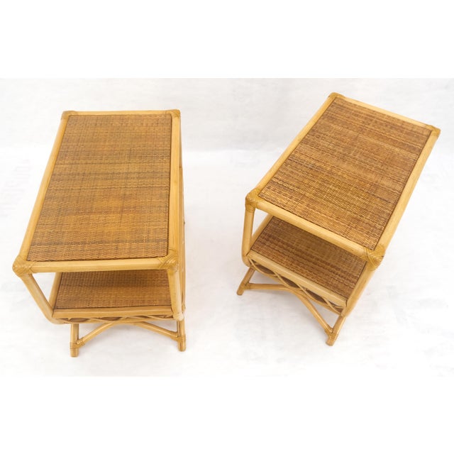 Ficks Reed Pair Rattan Bamboo Grass Cloth Top Two Tier End Side Tables Stands Magazine Rack For Sale - Image 4 of 14
