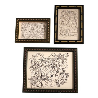 3 Vintage Wayne Cunningham Abstract Ink Drawings Inlaid Wood Frames Set of 3 For Sale