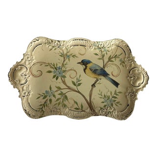 Vintage Metal Footed Tray With Bird and Flowers For Sale