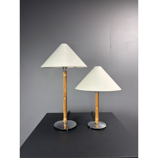 Pencil Reed Rattan Bamboo and Chrome Table Lamps, 1980s, Set of 2 For Sale - Image 13 of 18