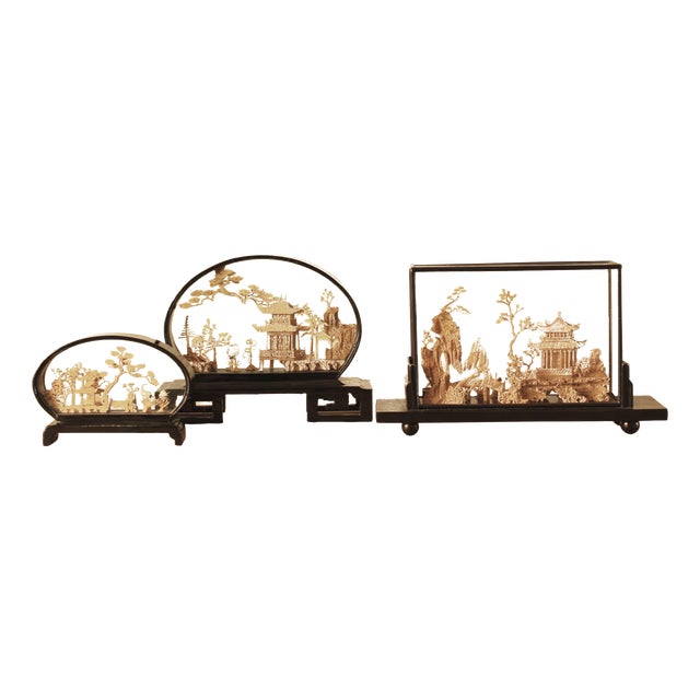 Chinoiserie Carved Cork Diorama Displays, 1950s, Set of 3 For Sale