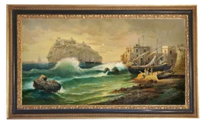 Ischia, Posillipo School, Italian Landscape Painting, Oil on Canvas, Framed