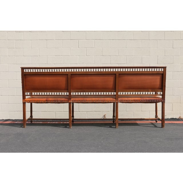 Early 20th Century Spanish Colonial Style Carved Wood and Tooled Leather Long Bench For Sale - Image 9 of 18
