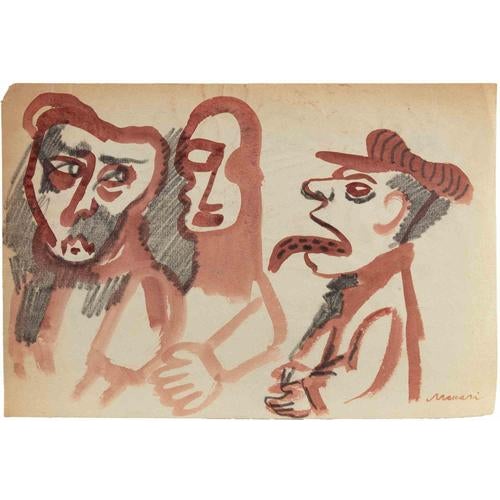 Charcoal and Watercolor on paper realized by Mino Maccari in 1930s. Hand signed lower right. Good condition except for a...