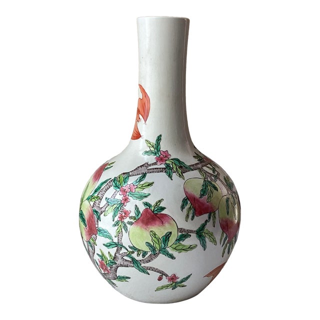 VTG Chinese Famille-Rose Peach & Bat Design Porcelain Vase 14" T. For Sale