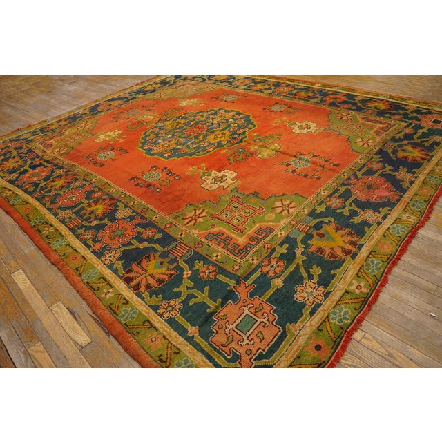 Decorative Turkish Antique Oushak Rug on a Red-Raspberry Background Color With Medallion Pattern For Sale - Image 4 of 12