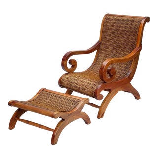 1960's Vintage West Indies British Colonial Style Teak & Cane Plantation Chair & Ottoman For Sale