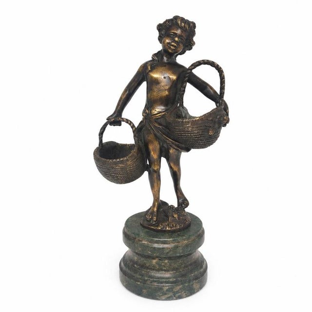 19th Century Suzanne Bizard, Child with Two Baskets, 1890s, Bronze and Marble For Sale - Image 5 of 9