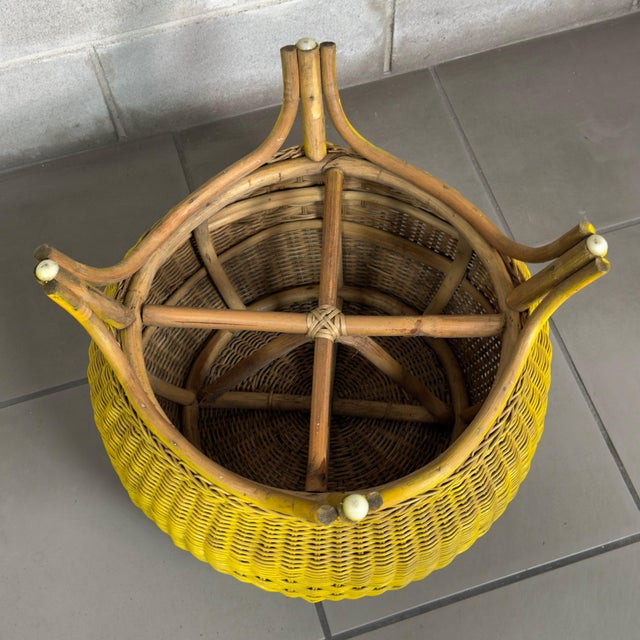 20th Century Modernist Round Wicker Rattan Pouf in Yellow For Sale - Image 5 of 9