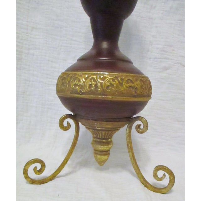 Vintage Tall Brown Turned Wood & Gold Metal Tripod Decorative Table Art For Sale - Image 4 of 10