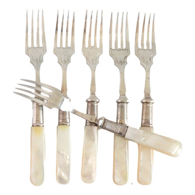 Early 20th Century Art Deco Pearl Handle Dessert Forks, Set of 6 For Sale